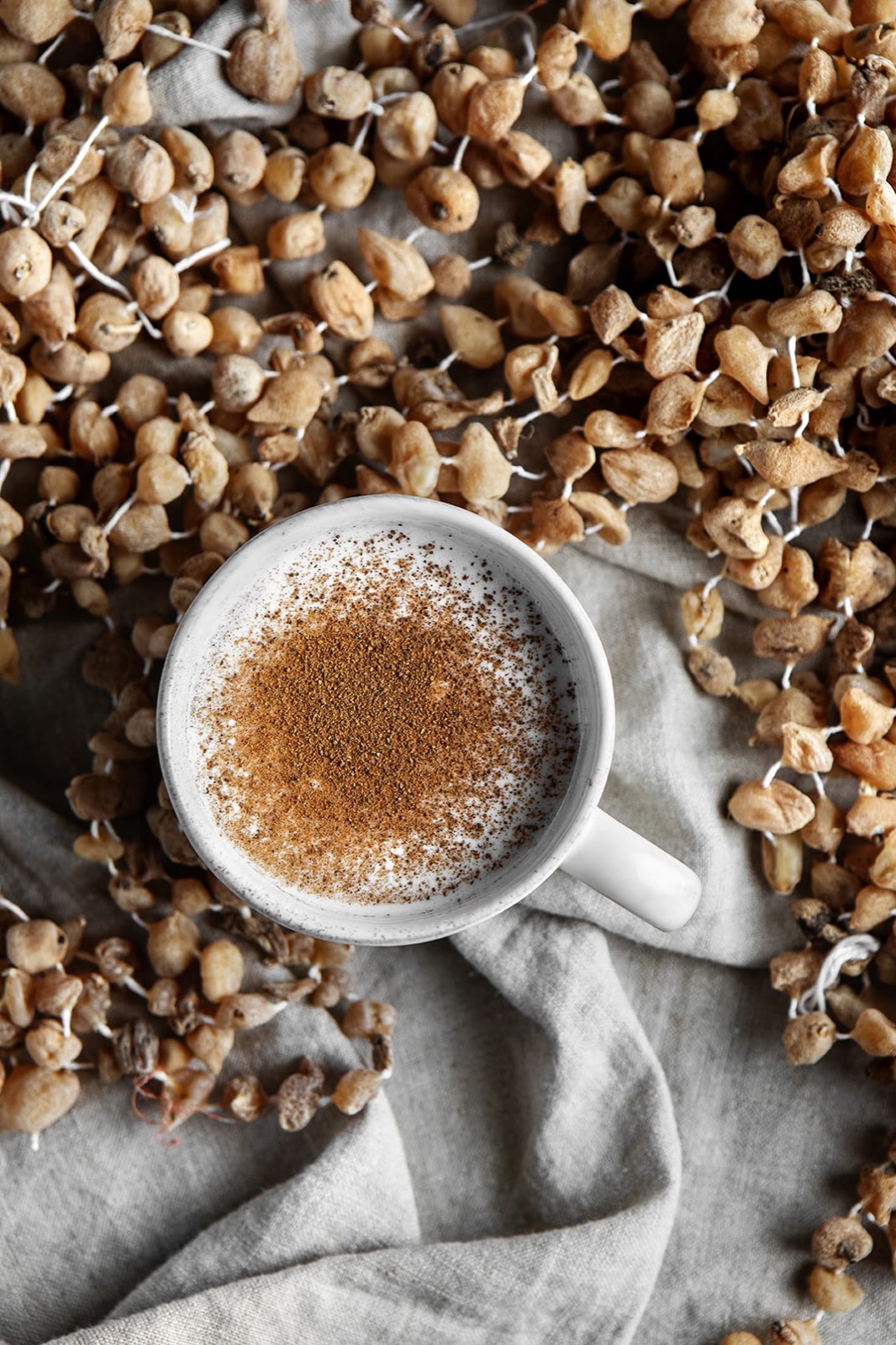 Kurutulmuş salep yumruları arasında tarçınlı sıcak salep fincanı